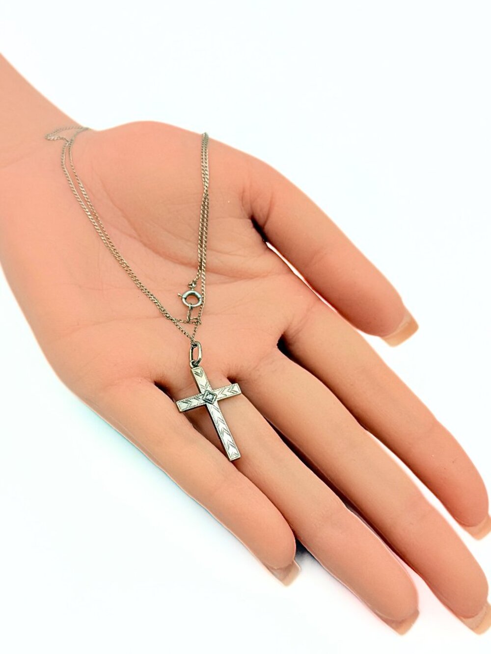 Antique Art Deco Marked 14K Gold Diamond Classic Latin Etched Crucifix Necklace